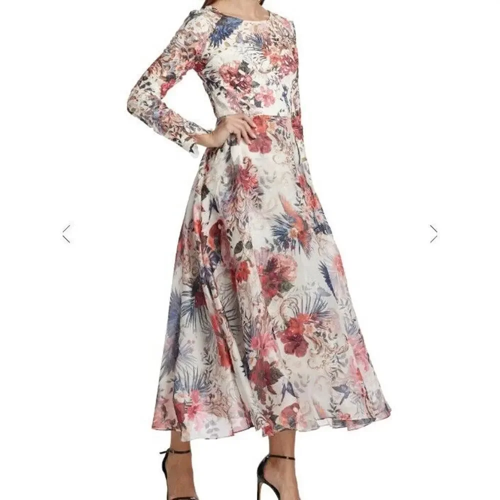 NWT Marchesa Notte Flared Floral Long-Sleeve Dress Size 8 #2N502 - Picture 1 of 14